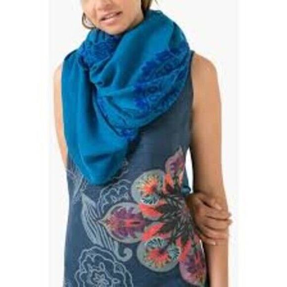DESIGUAL Scarf Wrap Artsy Delicate Comfortable Blue Velvet Embossed‎ 74”x43” - Picture 1 of 6
